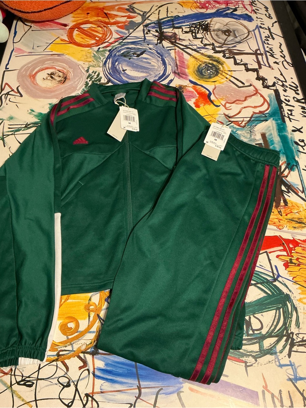 adidas Green Track Jacket and Pants with Burgundy Stripes